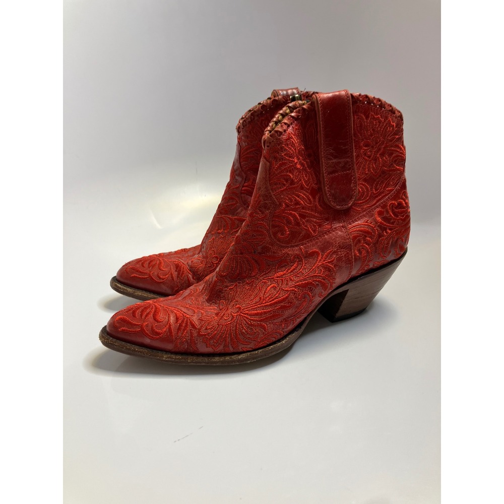 Allens Boots Ankle Womens 8.5 Red leather Good Floral Embroidery Western cowgirl